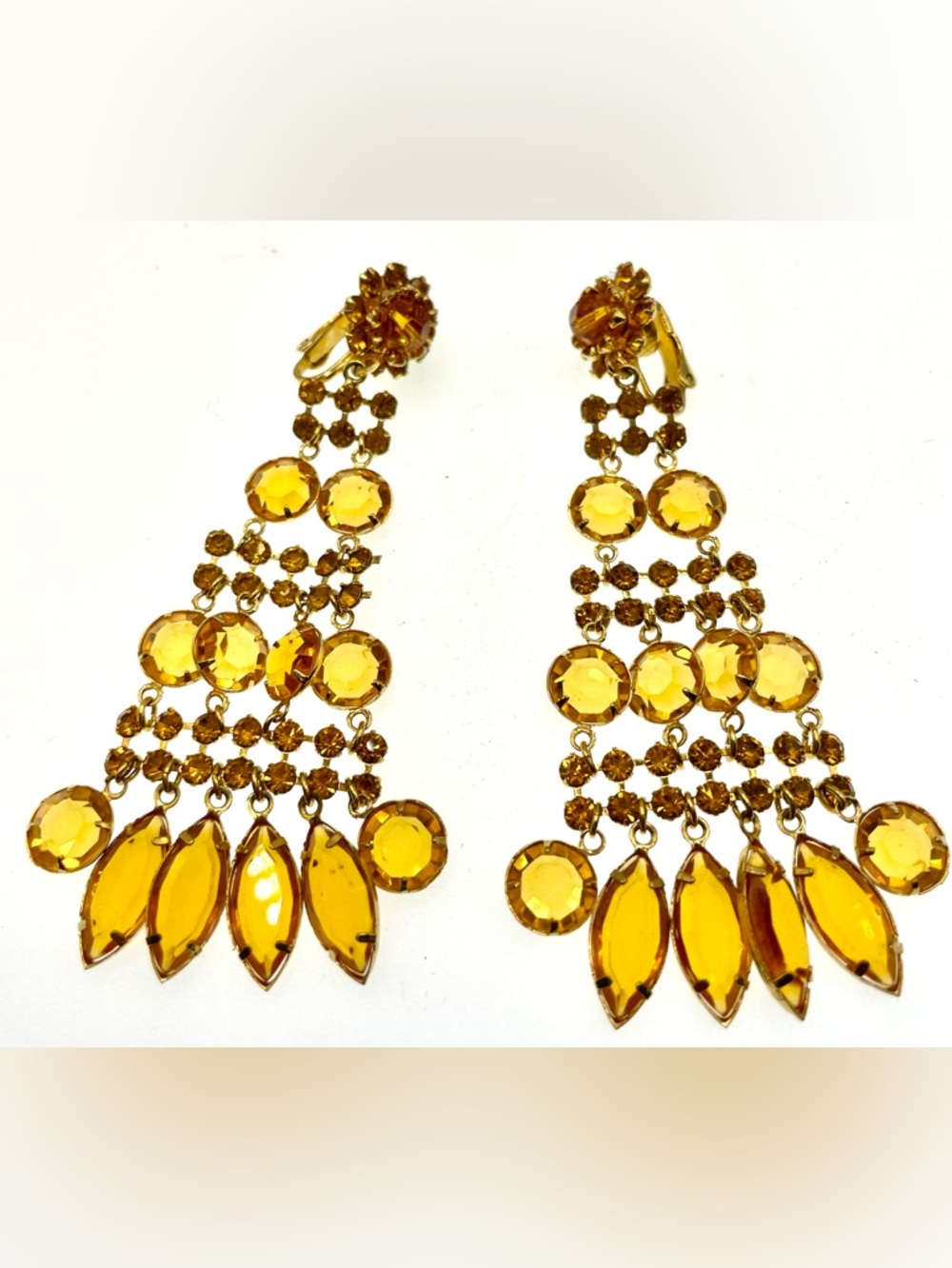 Vintage Amber Rhinestone Chandelier Earrings Gold Tone Statement Clip On - Picture 6 of 6